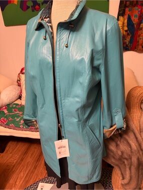 Turquoise Animal Print Reversible Leather Lightweight Jacket - Turkey